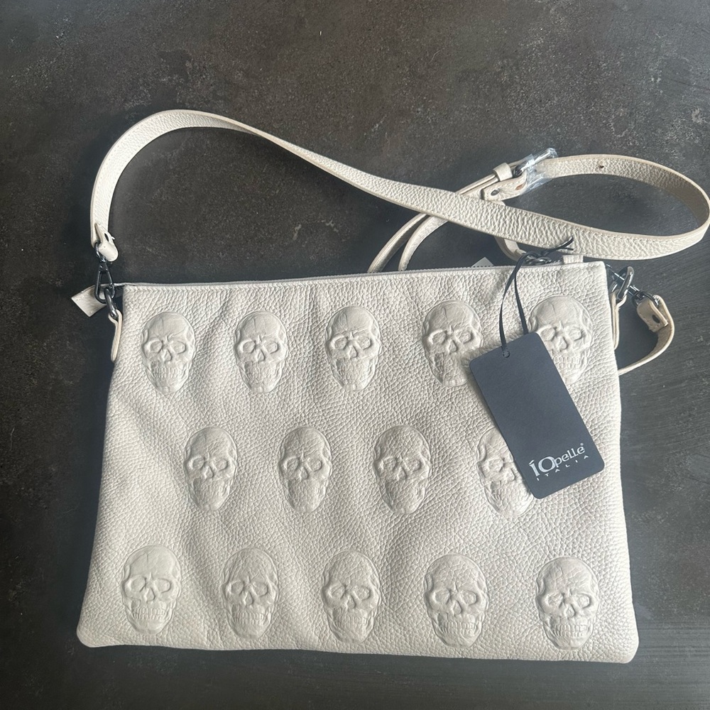 New IOpelle Italia Skull Embossed Leather Clutch, Crossbody Bag Bone
